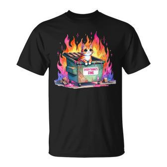 It's Fine I'm Fine Everything's Fine Lil Dumpster Fire Cat T-Shirt - Monsterry
