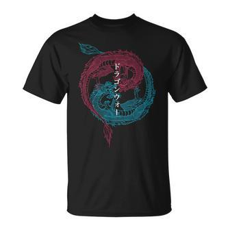 Japanese Dragons Yin And Yang Red & Blue Japan Calligraphy T-Shirt - Seseable