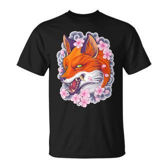 Japanese Fox Aesthetic Fox Sakura Anime Kitsune T-Shirt - Monsterry