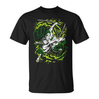 Japanese Three Sword Style Samurai Straw Hatted Anime T-Shirt - Monsterry UK