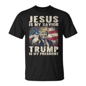 Jesus Is My Savior Trump Is My President 2024 American Flag T-Shirt - Monsterry DE