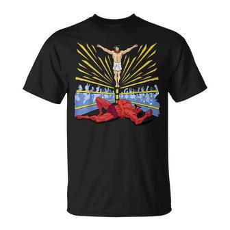 Jesus Wrestling Satan T-Shirt - Seseable