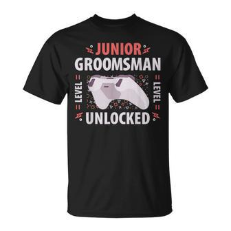 Junior Groomsman Level Unlocked Party Wedding Video Gamer T-Shirt - Monsterry