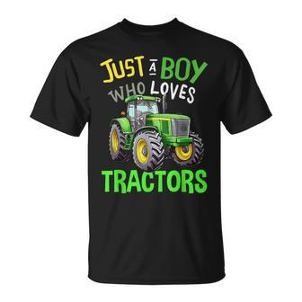 Just A Boy Who Loves Tractors Green Farm Tractor Trucks T-Shirt - Monsterry DE