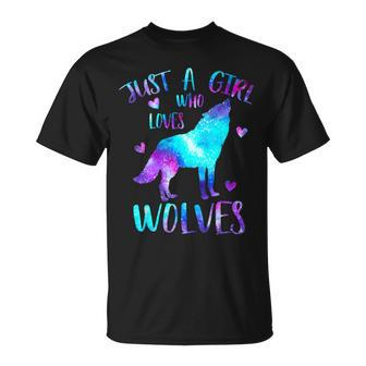 Just A Girl Who Loves Wolves Galaxy Space Cute Wolf Lover T-Shirt - Thegiftio UK
