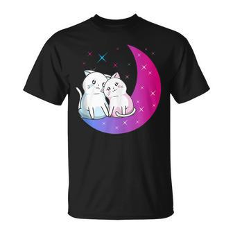 Kawaii Anime Cats Couple On Purple Moon In Love Otaku Cute T-Shirt - Monsterry