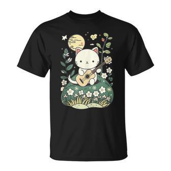 Kawaii Cat Playing Guitar Cute Flowers And Moon Cat Lover T-Shirt - Monsterry