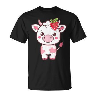 Kawaii Cute Pink Cow With Strawberries T-Shirt | Mazezy