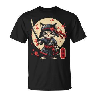 Kawaii Graphic Japanese Anime Manga Samurai Ninja Cat T-Shirt - Seseable