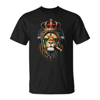 King Rasta Reggae Rastafarian Music Headphones Lion Of Judah T-Shirt | Mazezy
