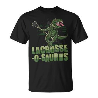 Lacrosse-O-Saurus Lacrosse Player Lax Lover Dinosaur T-Shirt - Monsterry