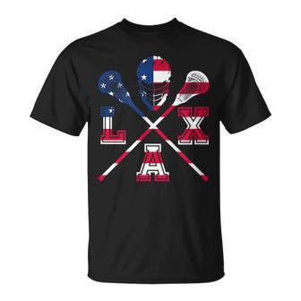 Lacrosse Outfit American Flag Lax Helmet & Sticks Team T-Shirt - Monsterry