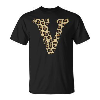 Leopard Cheetah Print Letter V Initial Rustic Monogram T-Shirt - Monsterry CA