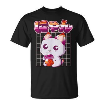 Lesbian Pride Gay Kawaii Cat Strawberry Milk Lesbian Flag T-Shirt - Monsterry DE