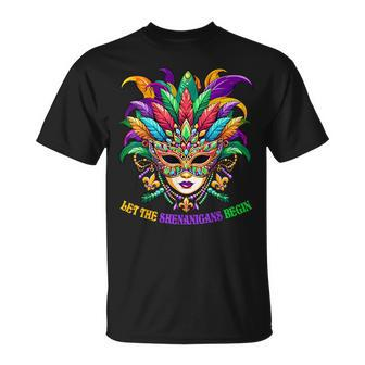 Let The Shenanigans Begin Mardi Gras Jester Mask Beads Women T-Shirt | Mazezy