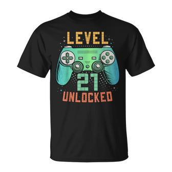Level 21 Unlocked 21St Birthday Gamer 21 Year Old Male T-Shirt - Seseable