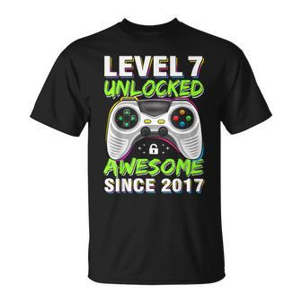 Level 7 Unlocked Awesome Since 2017 7Th Birthday Gaming Boys T-Shirt - Monsterry CA