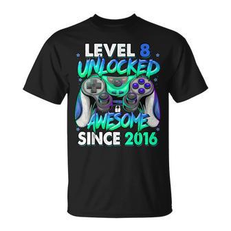 Level 8 Unlocked Awesome Since 2016 Gaming 8Th Birthday T-Shirt - Monsterry UK
