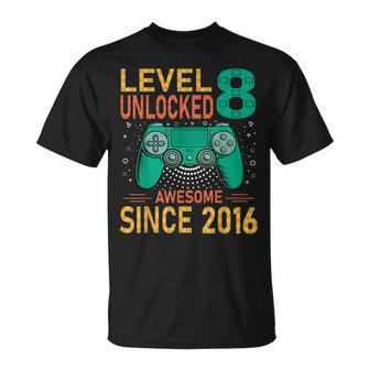 Level 8 Unlocked Birthday 8Th Birthday Gaming 8 Years Old T-Shirt - Seseable
