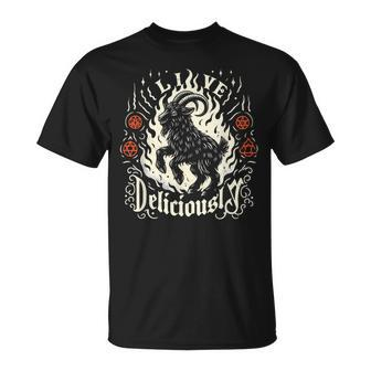 Live Deliciously Occult Goat Witch Horror T-Shirt - Monsterry