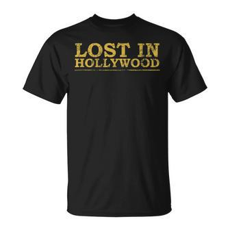 Lost In Hollywood Distressed Yellow Text Black T-Shirt - Monsterry AU