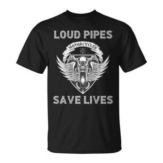 Loud Pipes Save Lives Motorcycle Skull Wing On Back T-Shirt - Monsterry CA