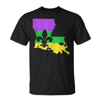 Louisiana Map With Mardi Gras Colors And Fleur De Lis T-Shirt - Monsterry AU