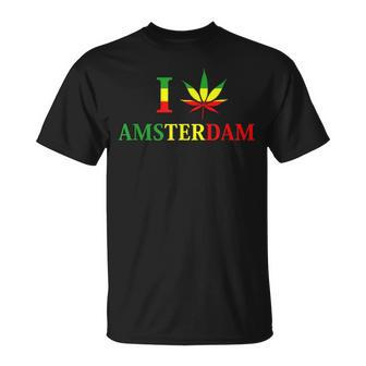I Love Amsterdam Hemp Leaf Reggae Kiffer  T-Shirt - Seseable