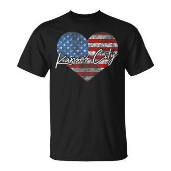 I Love Kansas City American Flag Heart Souvenir T-Shirt - Monsterry