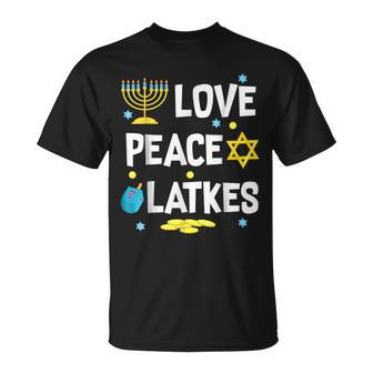 Love Peace Latkes Hanukkah Chanukah Jewish T-Shirt - Monsterry