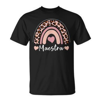 Maestra Spanish Teacher Leopard Rainbow Print Back To School T-Shirt - Monsterry UK