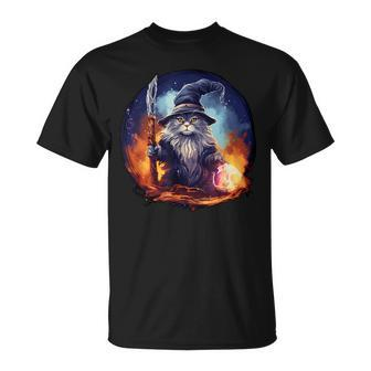 Magical Feline Sorcerer Enchanting Wizard Cat T-Shirt | Mazezy