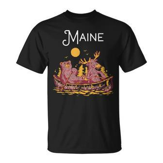 Maine Canoe Moose Elk Bear Lake Canoeing T-Shirt | Mazezy