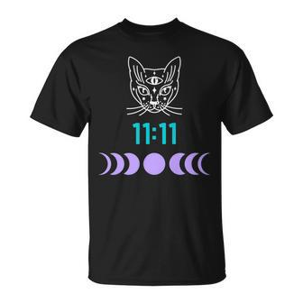 Manifestation Cat And Moon Phase 11 11 Eleven Eleven Purple T-Shirt - Monsterry DE