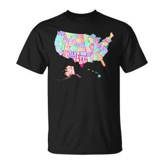 Map Of Usa With State Names Typographic Colorful Map T-Shirt - Monsterry