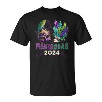 Mardi Gras 2024 Jester Feather Masks Carnival Parade Party T-Shirt | Mazezy