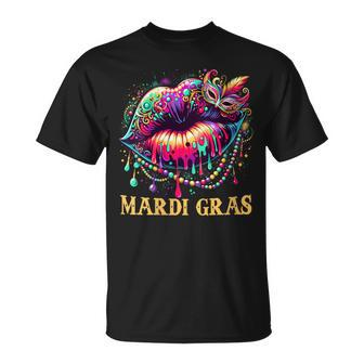 Mardi Gras Lips Queen Beads Mask Carnival Colorful T-Shirt - Monsterry DE