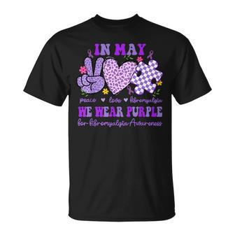 In May We Wear Purple For Fibromyalgia Awareness Peace Love T-Shirt | Mazezy