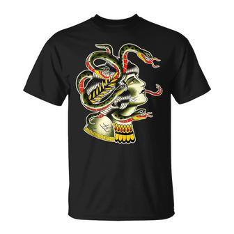 Medusa Greek Mythology Traditional Flash T-Shirt - Monsterry