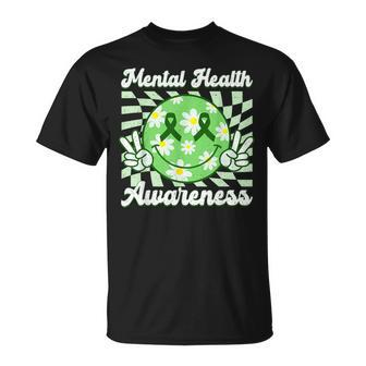 Mental Health Awareness Smile Face Checkered Green Ribbon T-Shirt | Mazezy