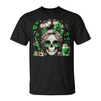 Messy Bun Skull Saint Paddys Day Irish Women T-Shirt - Monsterry