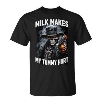 Milk Makes My Tummy Hurt Cringe Skeleton T-Shirt - Seseable