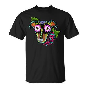 Min Pin Day Of The Dead Sugar Skull Miniature Pinscher Dog T-Shirt - Monsterry