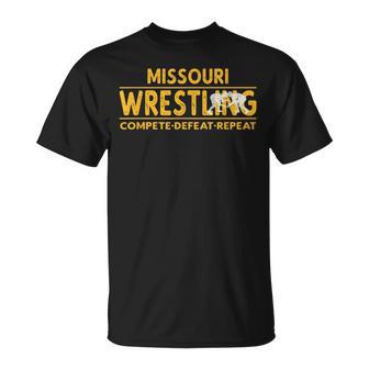 Missouri Wrestling Compete Defeat Repeat T-Shirt - Monsterry