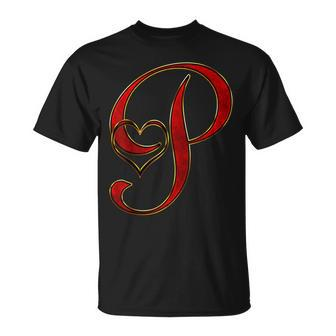 Monogram Initial Letter P Red Heart T-Shirt - Monsterry AU