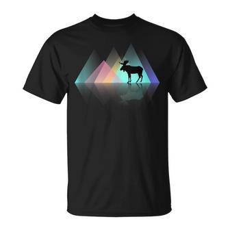 Moose Mountain Cute Colorful Geometric Pattern Silhouette T-Shirt - Monsterry