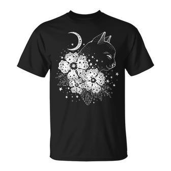 Mystic Cat With Moon And Flowers Astrology Esoteric Cat T-Shirt - Monsterry