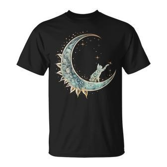 Mystical Aesthetic Cat Sitting On Crescent Moon Lunar Cat T-Shirt - Monsterry DE