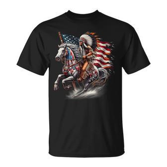 Native American Day Flag Indian Riding Horse 4Th Of July T-Shirt - Monsterry AU