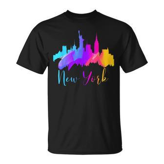 New York Watercolor Skyline Souvenir Nyc Liberty Big Apple T-Shirt - Monsterry DE